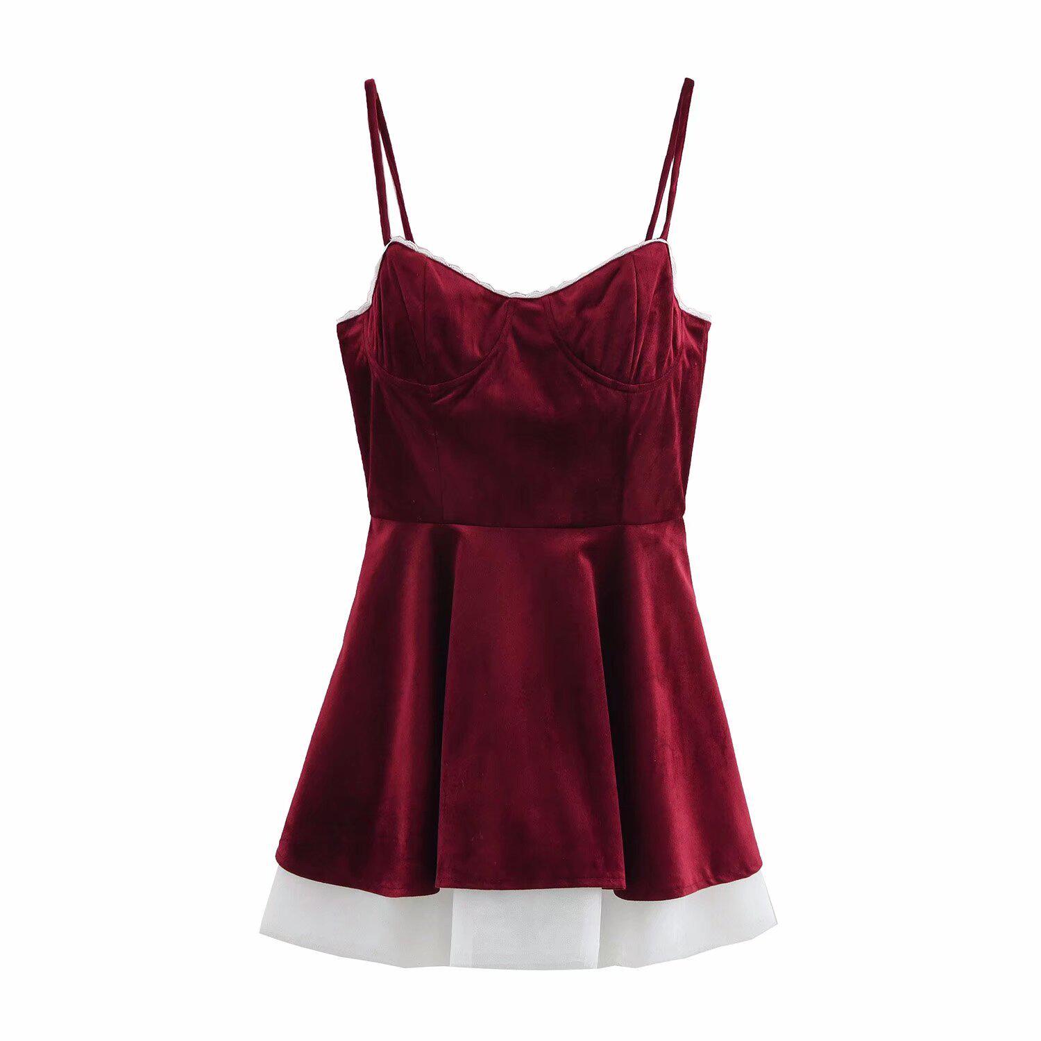 

Зимнее женское платье 2024 года в европейском и американском стиле, кружевная отделка, приталенное, с высокой талией M красный