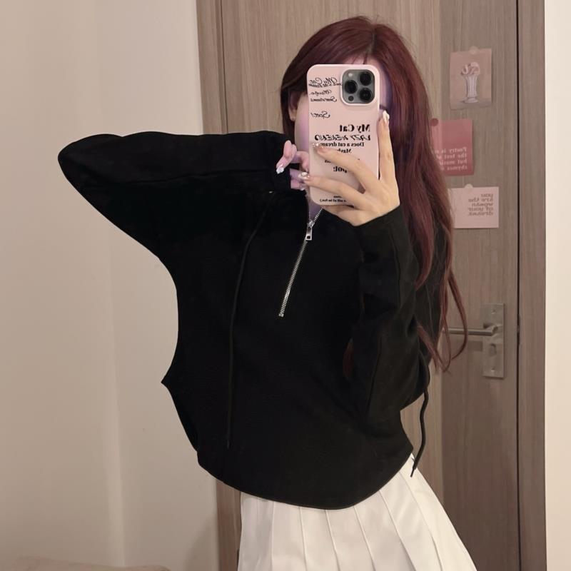 Autumn New Korean Version Simple Solid Color Design Sense Niche Women'S Zipper Pullover Hoodie Women'S Short Style Top