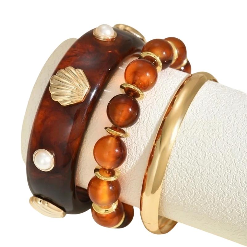 

3Pcs/set Marine Themed Adjustable Layered Bracelet Wrist Bangle Featuring Faux Pearls And CCB Detail For Beach Parties