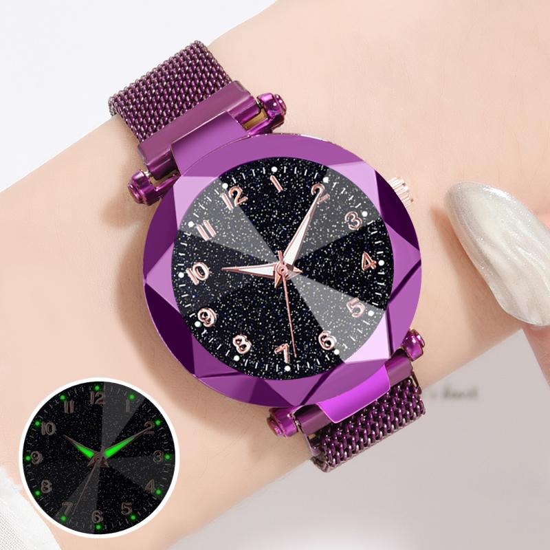 Fashion Starry Sky Watches Women Luminous Hands Black Mesh Band Quartz Wristwatches Ladies Magnet Watches Relogio Feminino