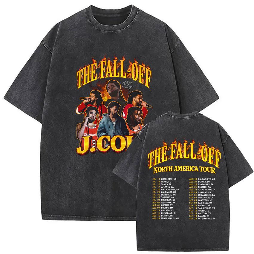 Vintage Washed J Cole T Shirts The Fall Off North America Tour Graphic Tshirt womenClothing Hip Hop Short Sleeve Tshirt