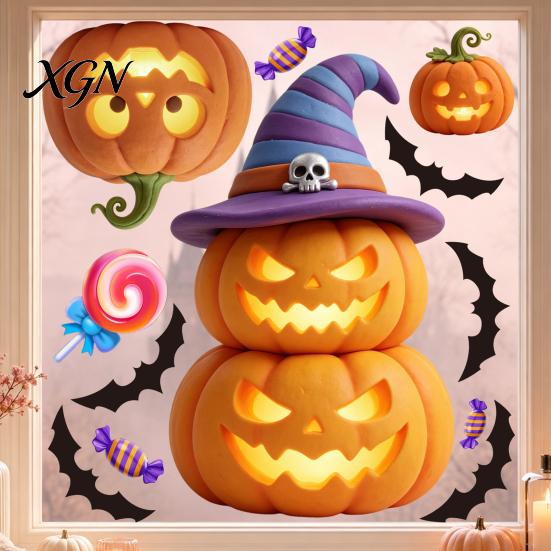 Removable Halloween Decorations Pumpkin Window Clings, Cartoon Cat Static Sticker, Jack O Lantern Stickers PVC Decals for Party Home Decoration