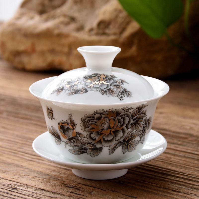 3.4-Inch Blue & White Ceramic Gaiwan Tea Set - 3-Piece, 100ml Capacity