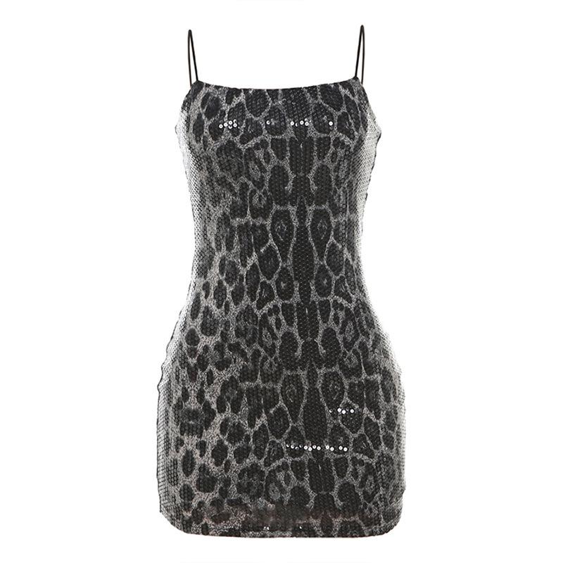 Damen trägerloses ärmelloses Minikleid schmale Passform hohe Taille Leopardenmuster Pailletten Bodycon Kleid M schwarz