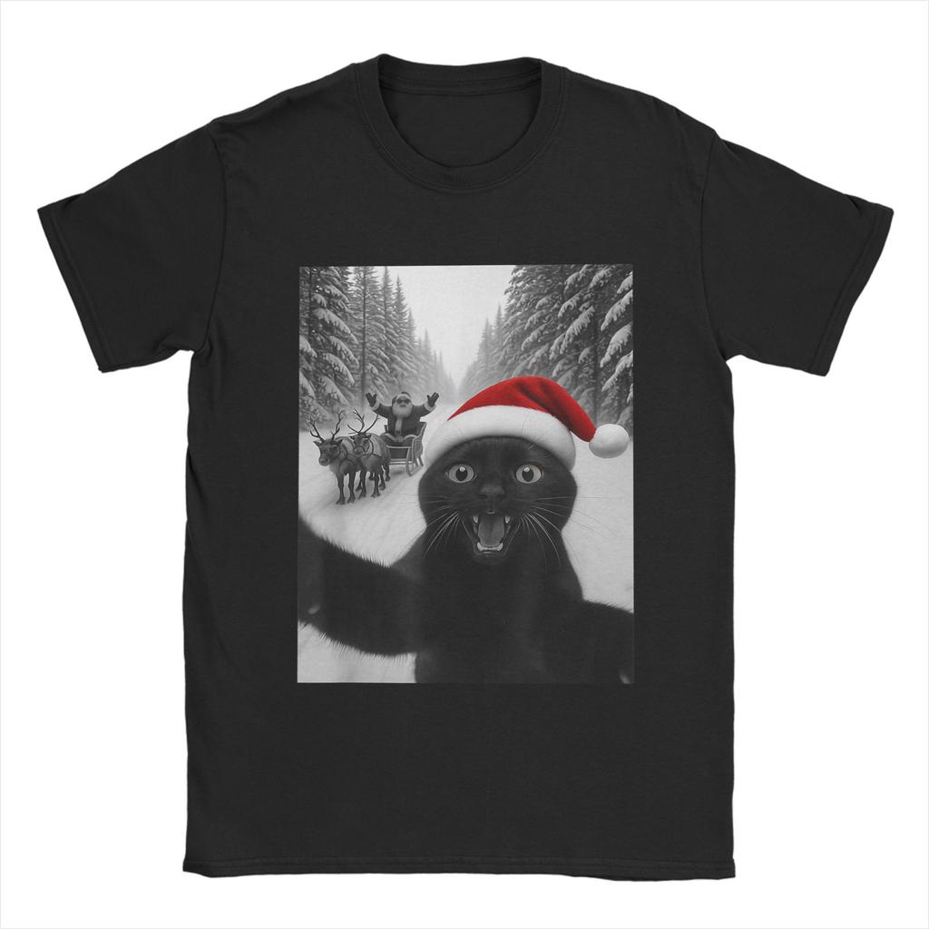 Lustiges Katzen-Selfie mit dem Weihnachtsmann Weihnachts-T-Shirts für Herren Tolle T-Shirts Kurzarm Rundhals-T-Shirts Neu eingetroffene Kleidung