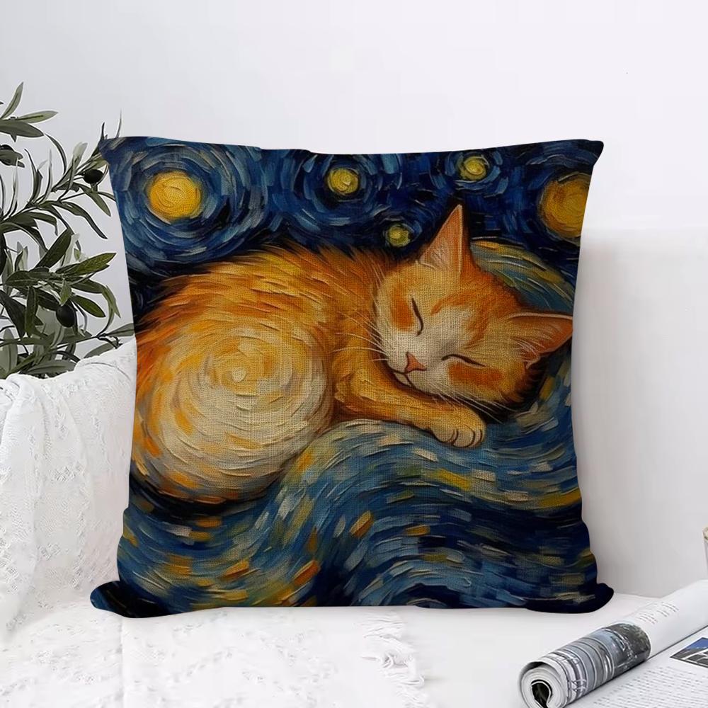 Van Gogh Starry Sky Cat Cushion Cover Eco Linen Pillow Case DoubleSided Print Breathable Durable Zipper Home Decor Gift