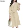 ZANZEA Women Casual V-Neck Loose 3/4 Sleeve Solid Dress