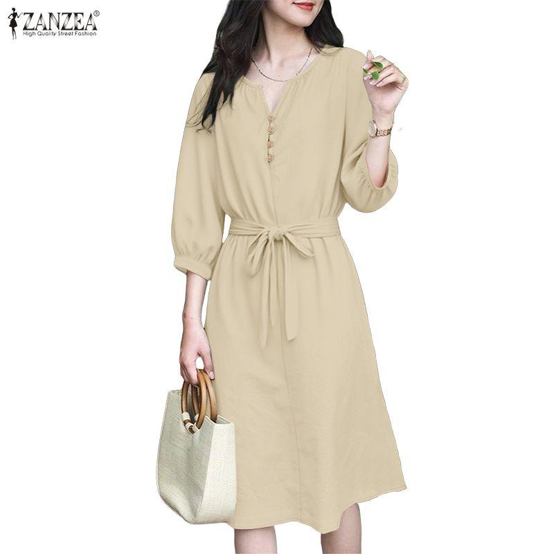 ZANZEA Women Casual V-Neck Loose 3/4 Sleeve Solid Dress
