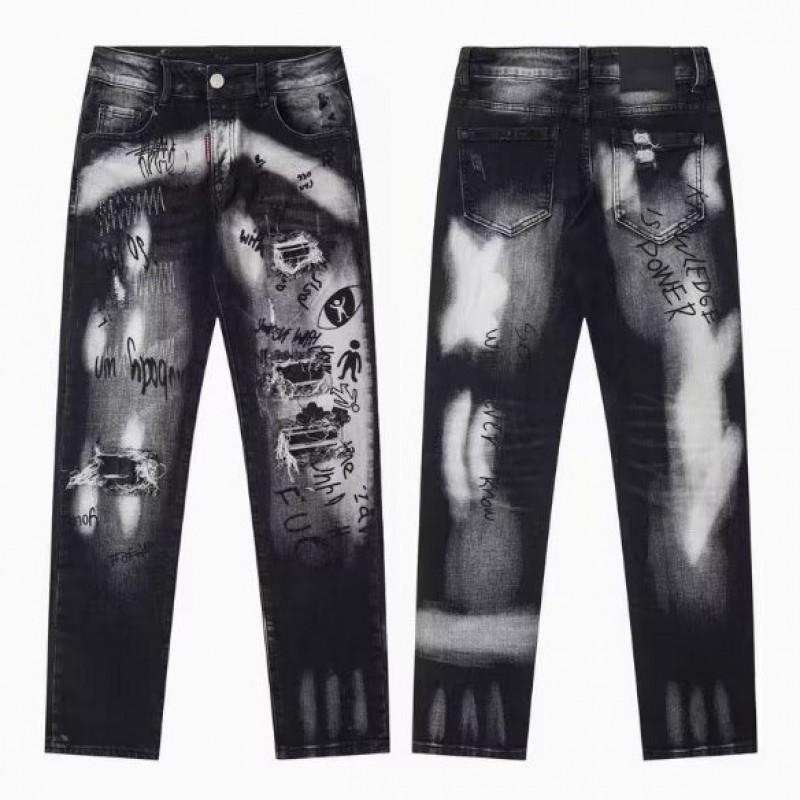 Blugi Negri Subțiri pentru Bărbați din Denim Elasticizați Spălați cu Apă Detalii Uzate Manșetă Mică Stil Casual Adolescenți Adulți