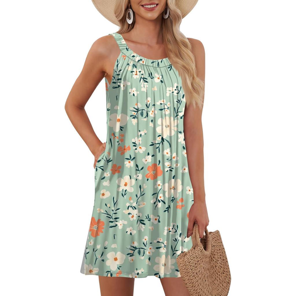 Ladies Fashion Beach Vest Casual Summer Pocket Straps Retro, Floral Dress
