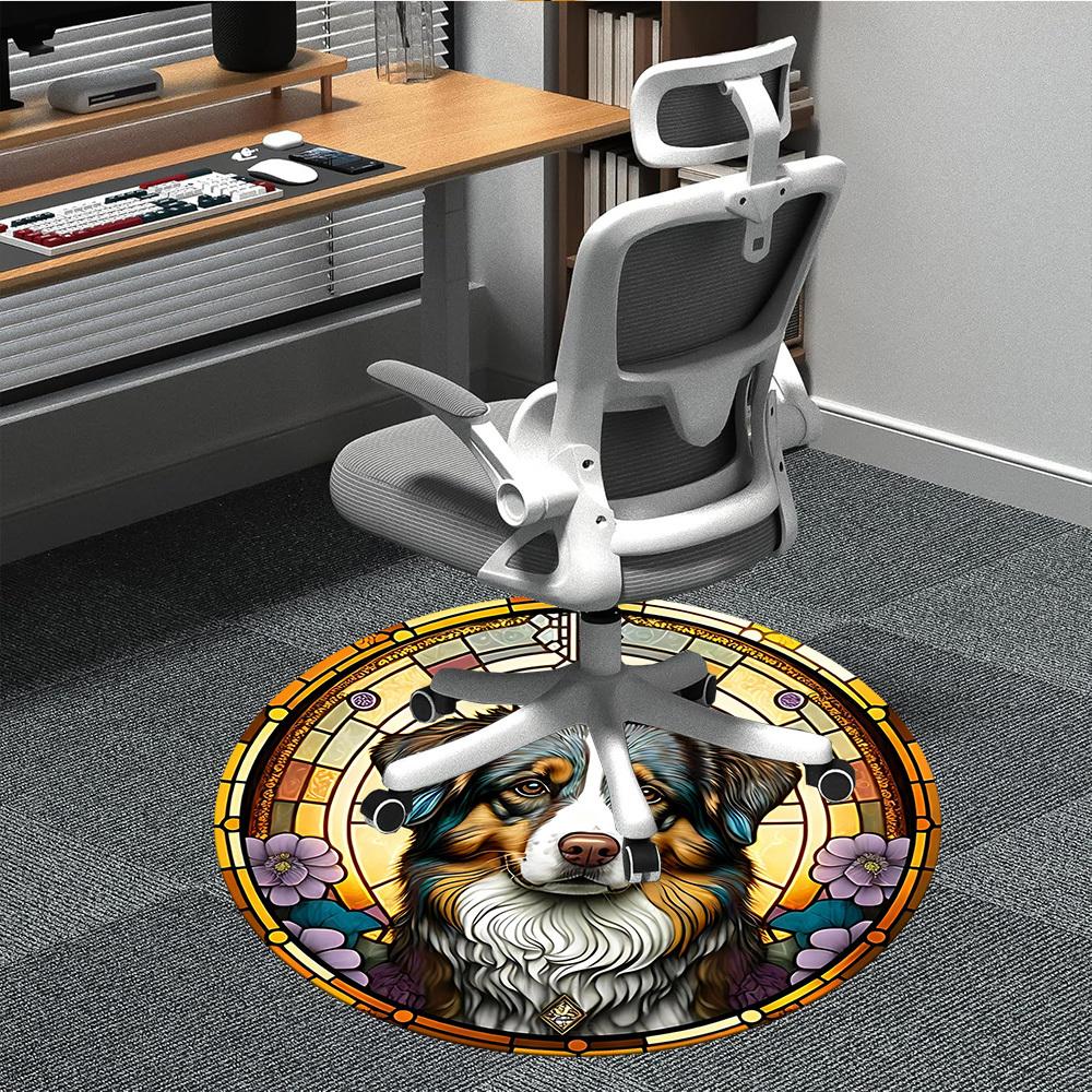 

1PC Stained Glass Dog Office Round Area Rug, Indoor Mat Suitable ForOffice, Under Office Chairs Bedroom Living Room Home Decor, Room Deco, D113 80cm by 80cm