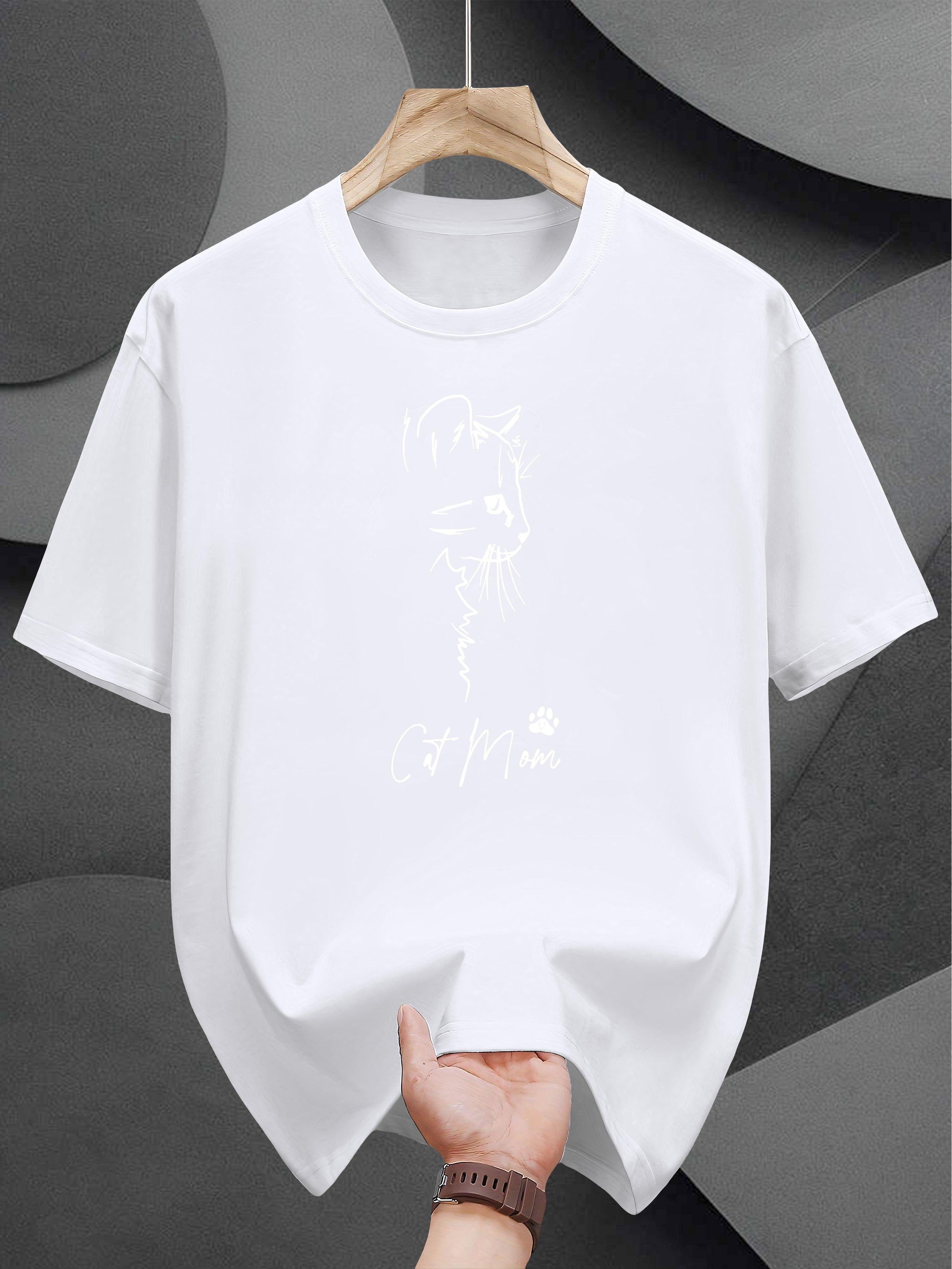 Cat Mom Graphic Print T-shirt - Black with White Line Art M
