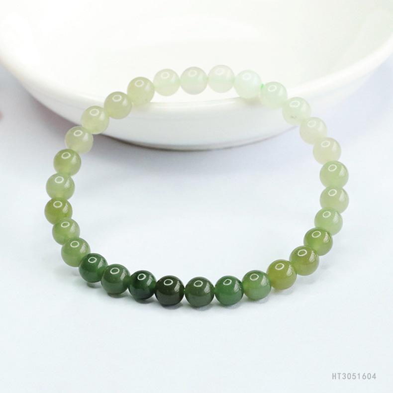 Hetian Jade Gradient Green Bracelet - Clear Water Round Beads for Women, Single Circle DIY Millimeter Beads.