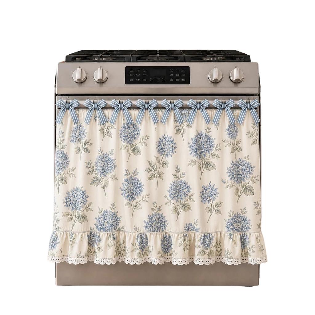 Lace Trim Oven Cover with Floral Print Decorative Dustproof Curtain for Kitchen Stove Protection and Appliance Enhancement