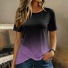 Women's Short Sleeve Crew Neck Gradient Print T Shirt Button Detail Casual Lightweight Top for Everyday Wear