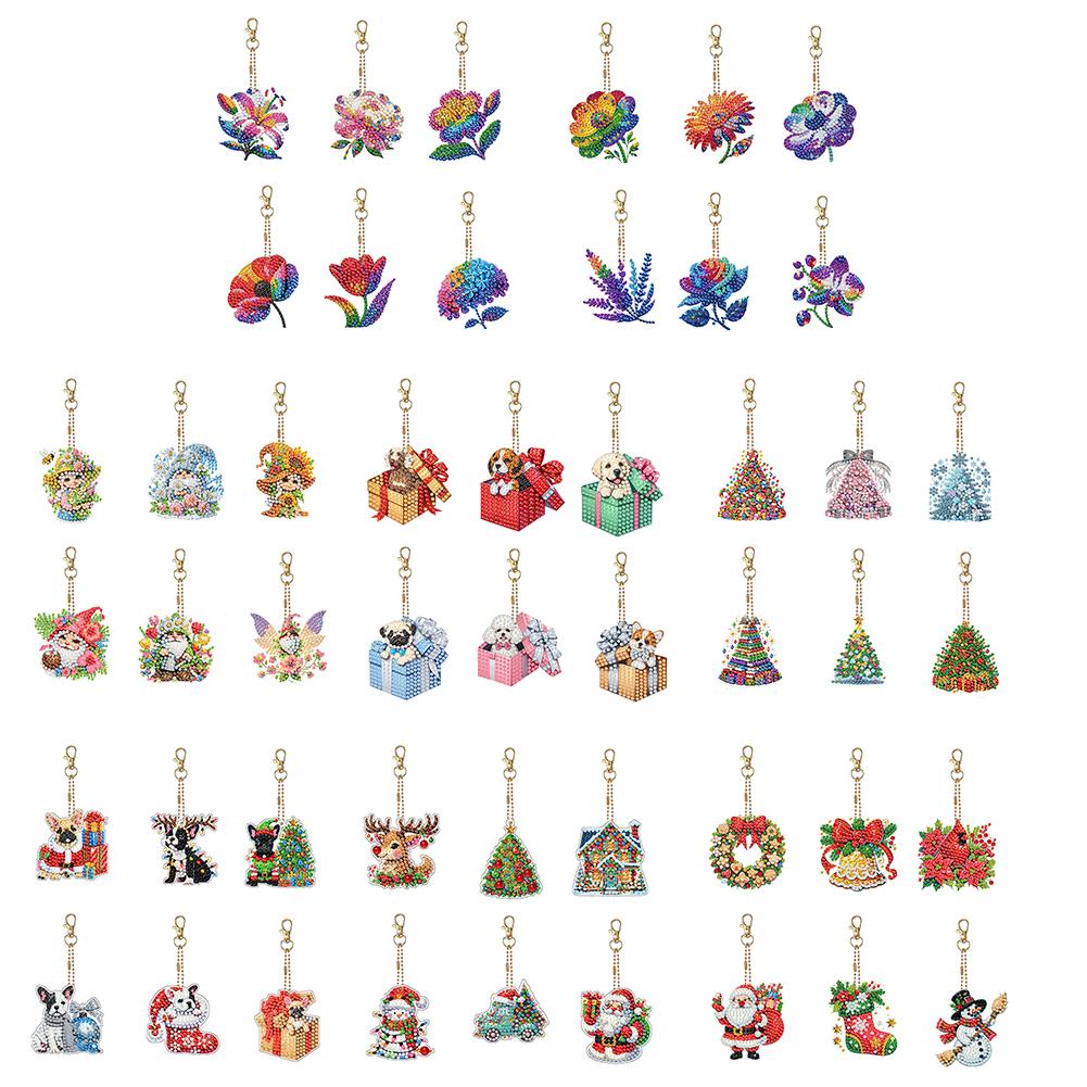 6pcs 2D Flat DIY Diamond Art Keychains Diamond Art Kits Small Crystal Painting Keyrings Shiny Rhinestone Keyring for Home Decor