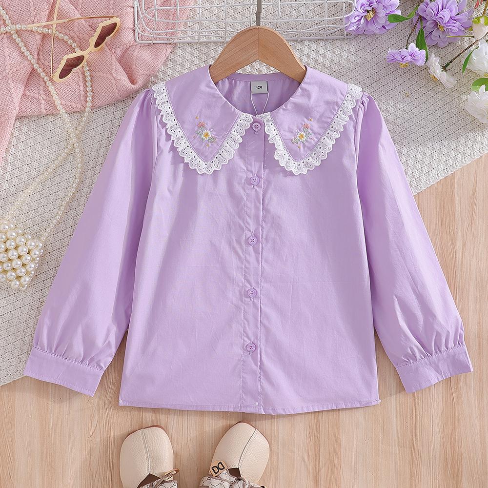 

Розовая блузка для девочек, длинные рукава, кружевной воротник, цветочная вышивка, милая, элегантная школьная рубашка для детей 5-12 лет 140