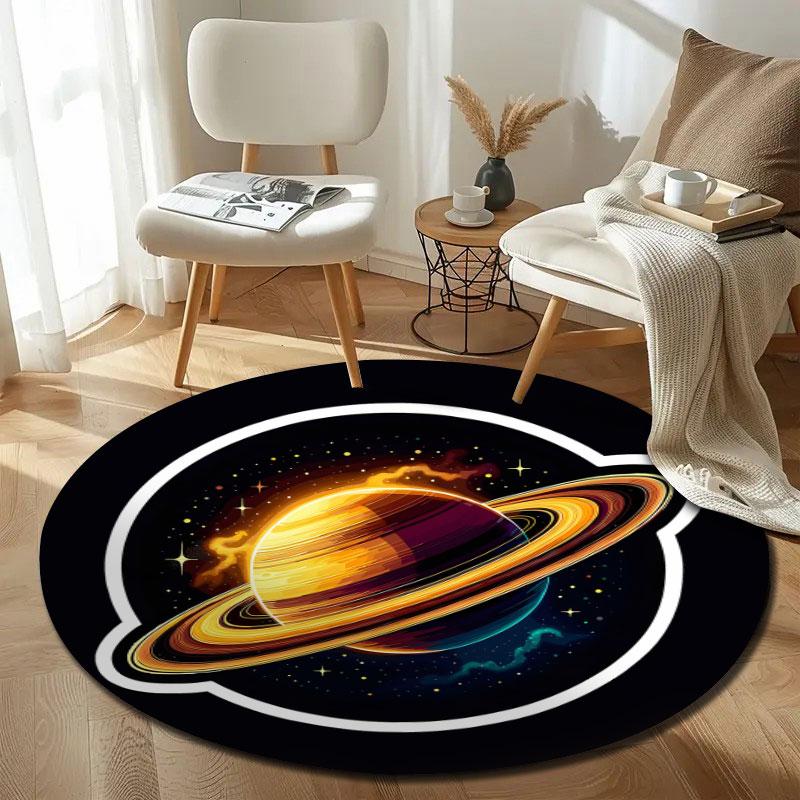 Cute Saturn Planet Ring Black Round Rug, Gold Cozy Style, Perfect for Small Apartment Balcony and Terrace with Cozy with Warmth with Cool Shade