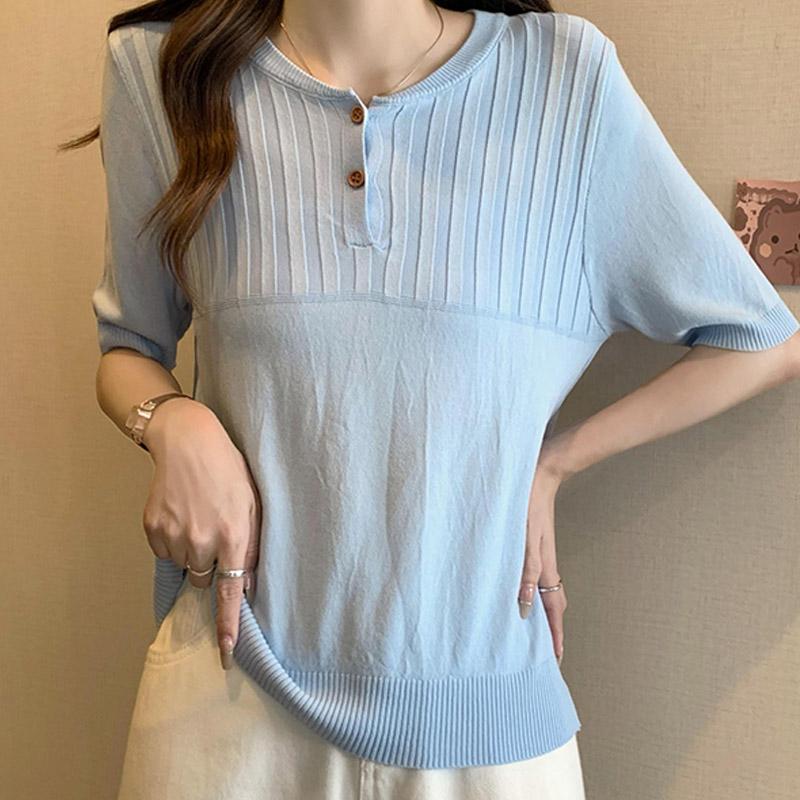 

Женские свитера, пуловеры 2025 Лето Короткий рукав О-образный вырез Белый вязаный повседневный свитер Женские топы Пуловер JJ271 One Size синий