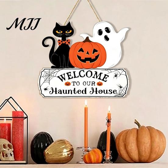 Seasonal Welcome Plaque Halloween Wood Door Sign, Pumpkin Ghost Black Cat Hanging Decor for Solid Craft Gift Front Door, Rustic Farmhouse Wall