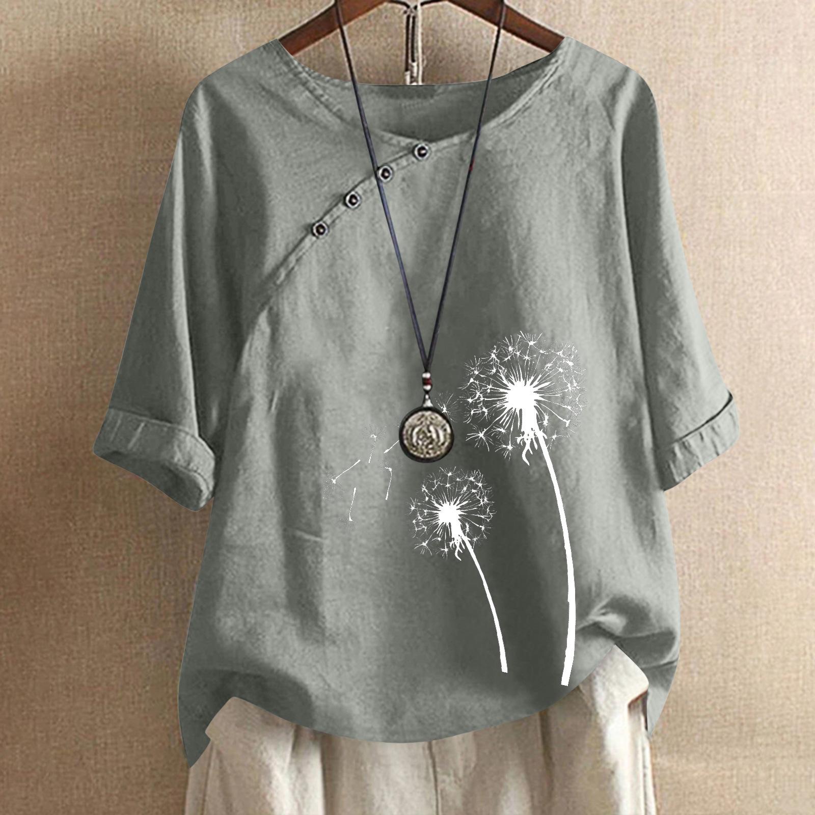 

Летняя свободная футболка женская с V-образным вырезом на пуговицах с цветочным принтом блузка повседневный топ для женщин больших размеров одежда XXL темно-серого