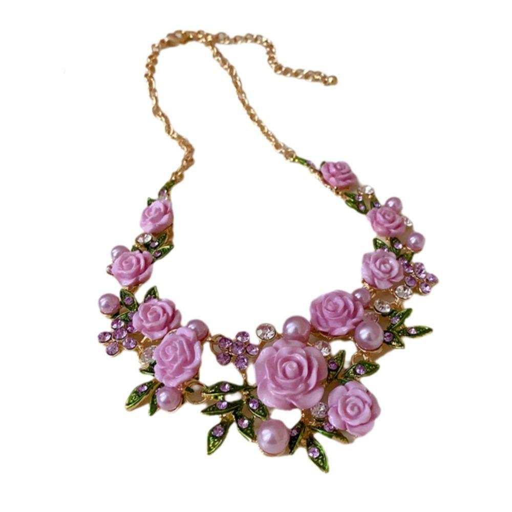 Pearl Rose Flower Necklace Rhinestone Women Jewelry Temperament Stud Earrings  Vacation