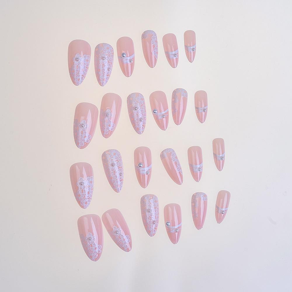 Handmade French Lace Pearl Manicure: Exquisite Almond-Shaped Wedding Nails (24 Pieces)