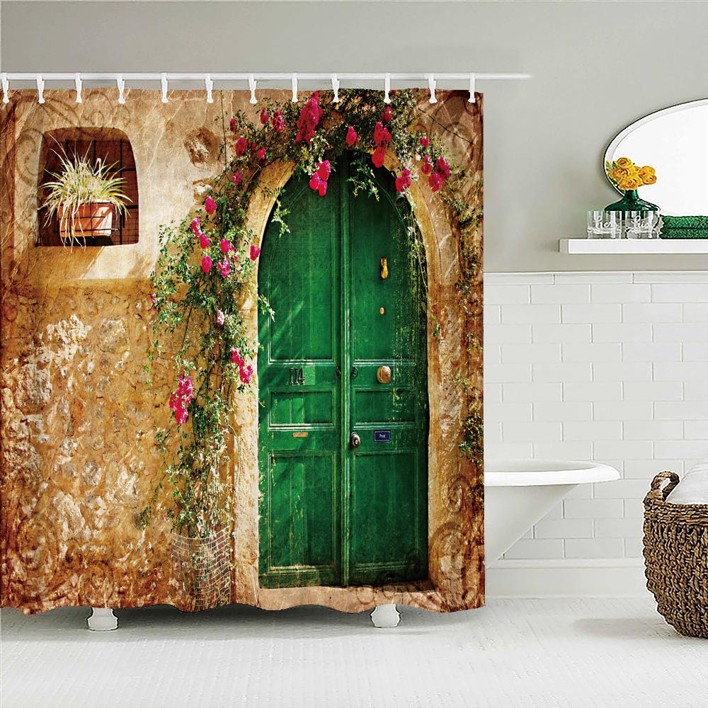 Vattentät Duschdraperi med Blommor Gräs Växt Stenmur för Badrum Badgardiner Extra Lång 180*200 CM 3d Duschdraperi