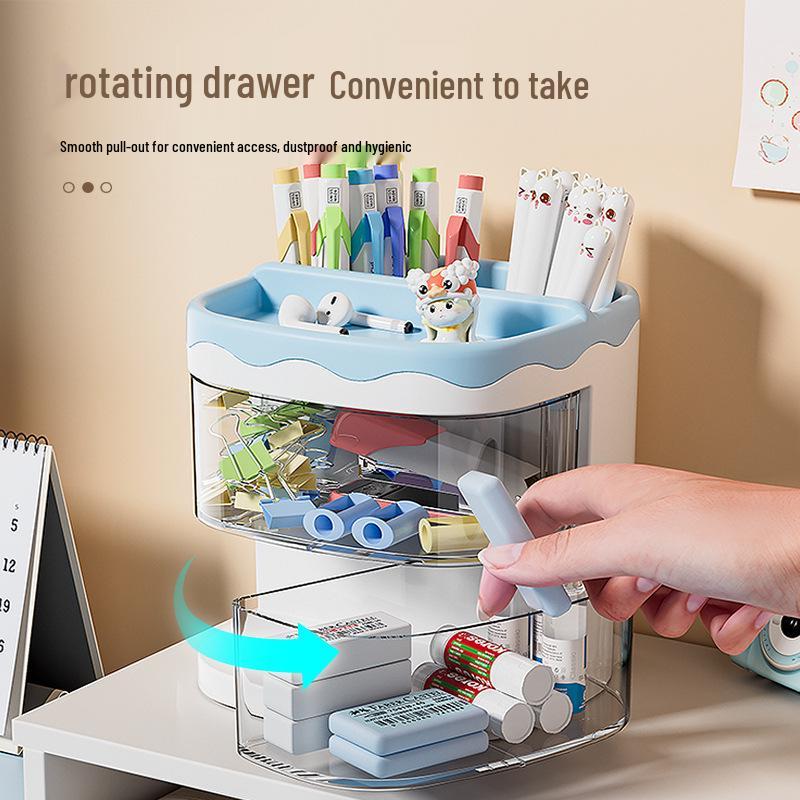Rotating Cartoon Pen Holder with Transparent Drawers - Multifunctional Desk Organizer