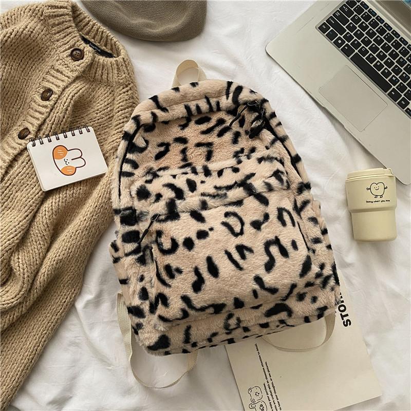 

Fashion backpack leopard print plush bag women s winter new simple commuter student schoolbag women s bag without pendant