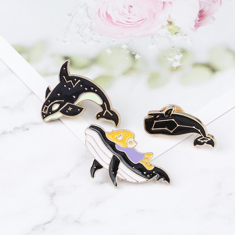 3 Styles Funny Galaxy Pattern Humpback Whale Enamel Brooches Marine Animals Shaped Golden Pins