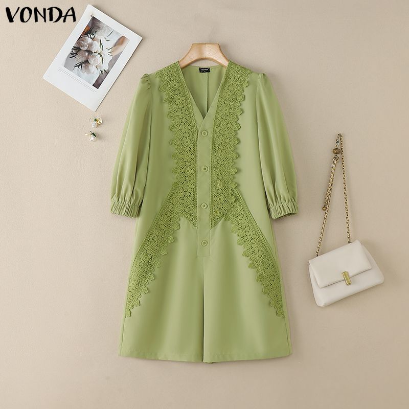 VONDA Summer Women Casual V Collar Half Sleeve Lace Crochet Patchwork Jumpsuits