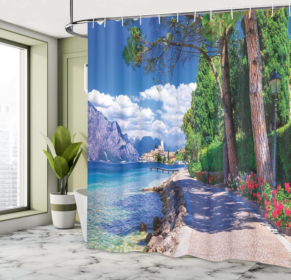 Landscape Shower Curtain with Hooks – Lago Di Garda, Italy View, Lake & Mountain Scenery for Nature-Inspired Bathroom Decor