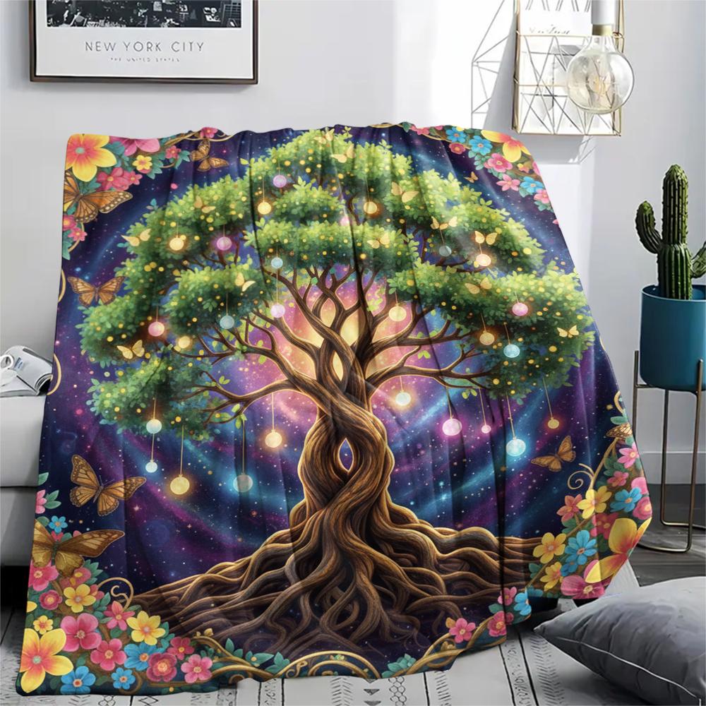 1PC Tree of Life Print Flannel Blanket, High quality All Seasons, Home Decor, Warmth and Comfort, Perfect for Christmas Gifts