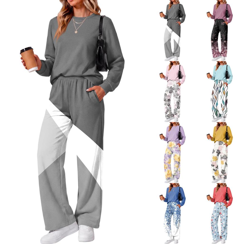 Women's Casual Round Neck Loose Fit Printed Sweatshirt and Sweatpants Set