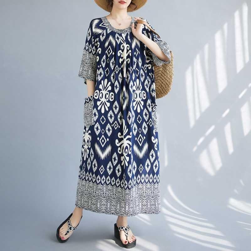 Summer New Temperament V-neck Mid-length Dress Retro Printing Loose Dresses