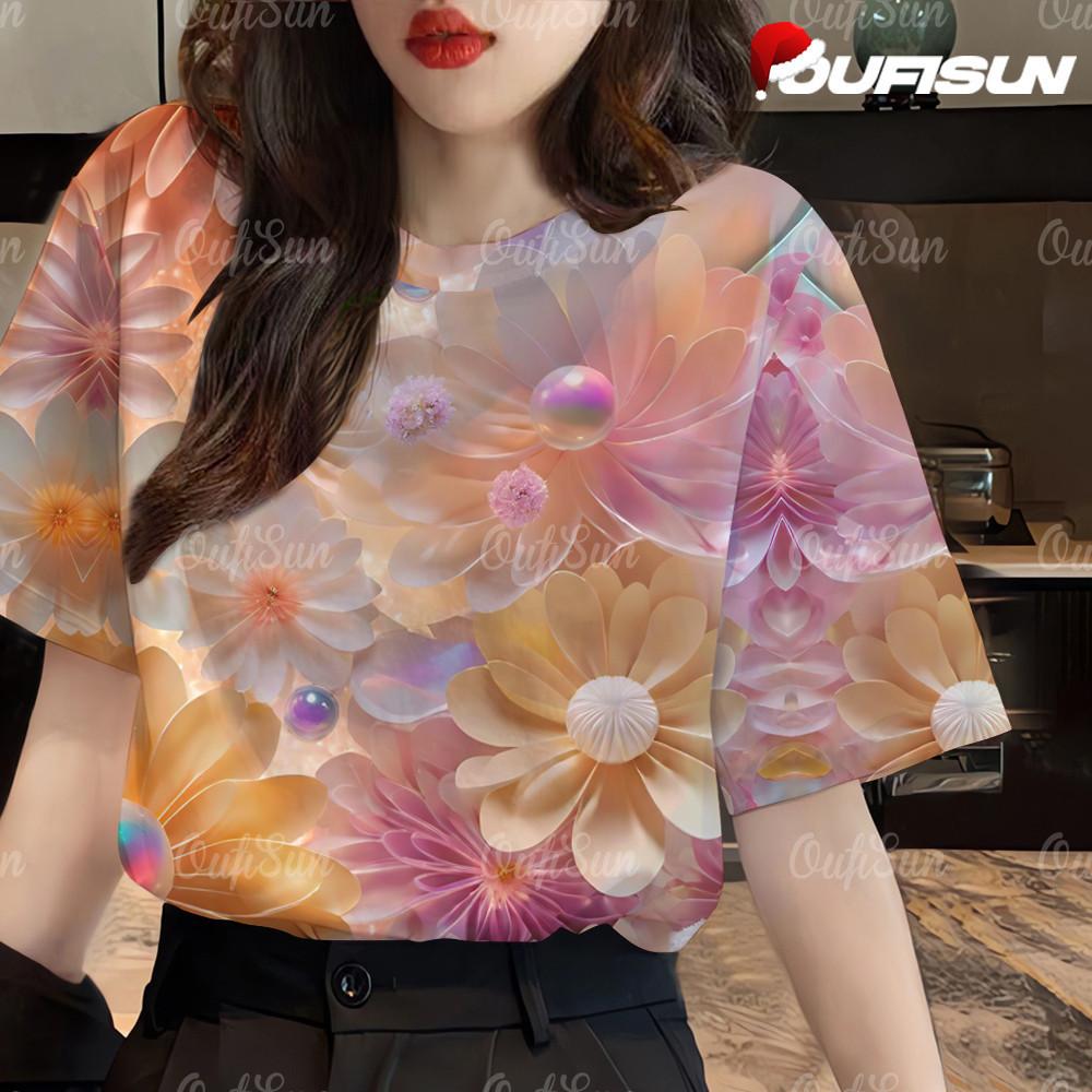 3d Colorful floral short Sleeve T-shirt for women's fashion loose plus size pullover