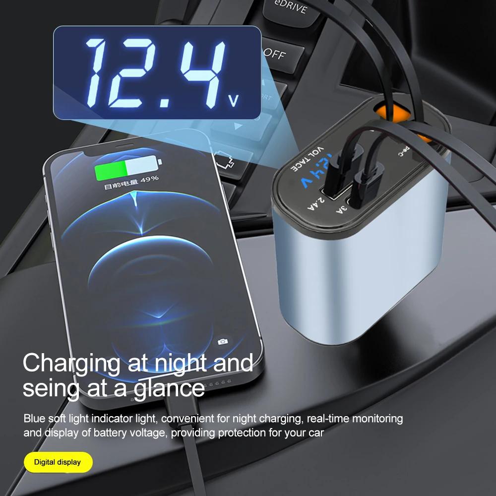 4 IN 1 Quick Phone Charger 120W Max USB Type C PD30W with 2 Retractable Cables Voltage Display Car Phone Power Adapter