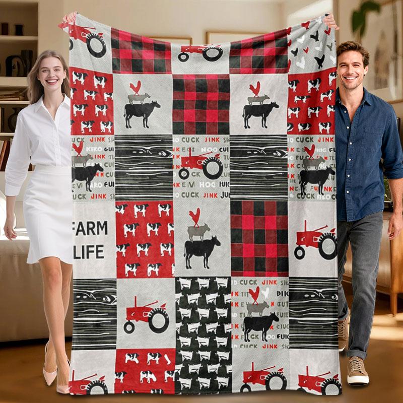 

1 piece farm life redblack plaid flannel blanket, soft, suitable for sofa, bed, office, all-season use. 70x100cm