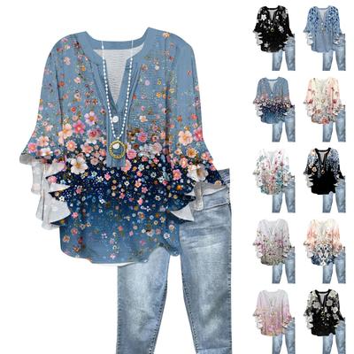 Women's Fashion Button V-Neck Ruffle Seven Sleeve Blouse Floral Printed Top