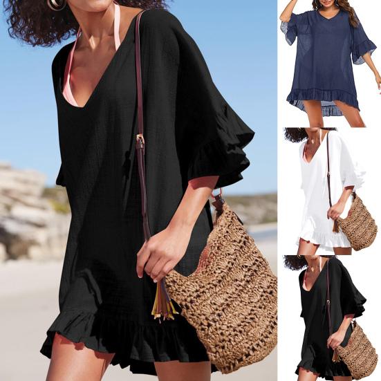 Bikini Cover Up Ruffles V Neck Ladies Elegant Pure Color Sundress for Beach