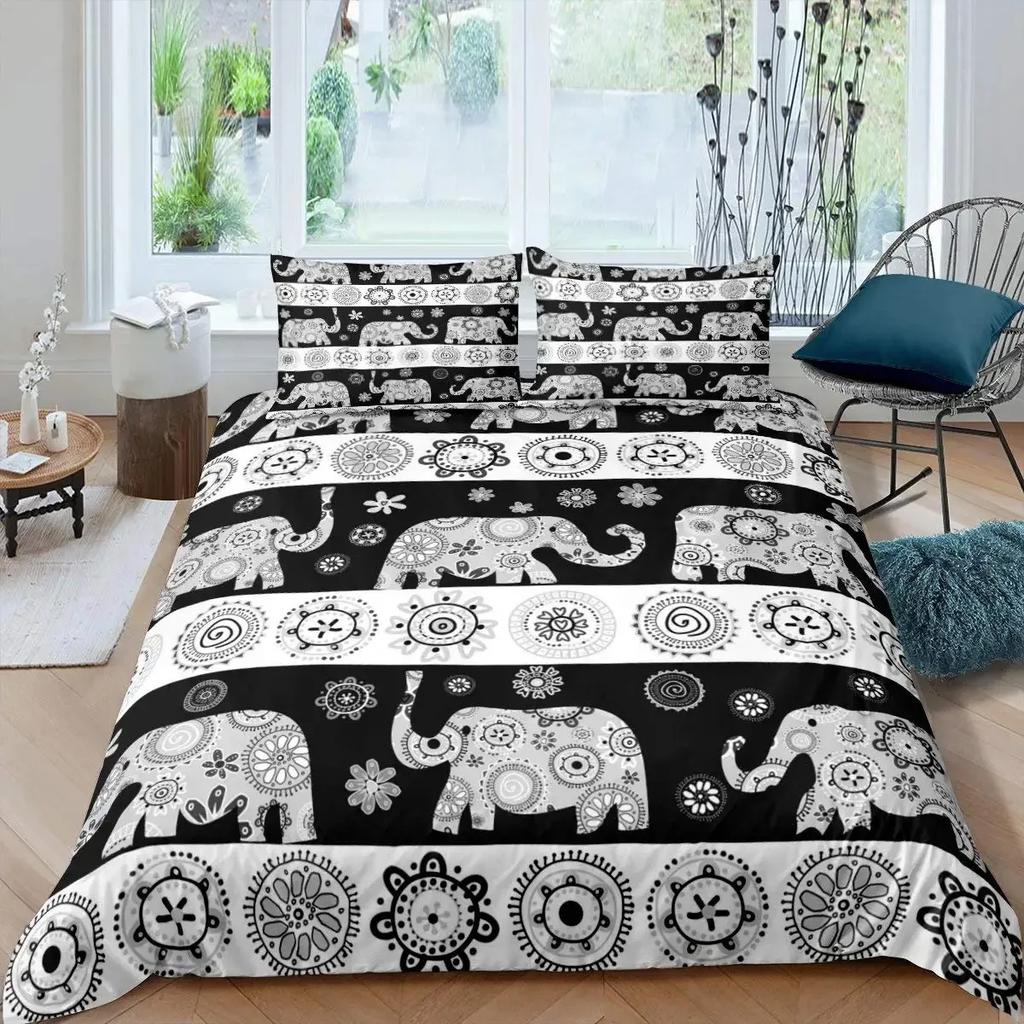 Elephant Duvet Cover Set Full,Boho Vintage Luxury Bedding Set Colorful Exotic Mandala Quilt Cover Tribal Ethnic Comforter Cover