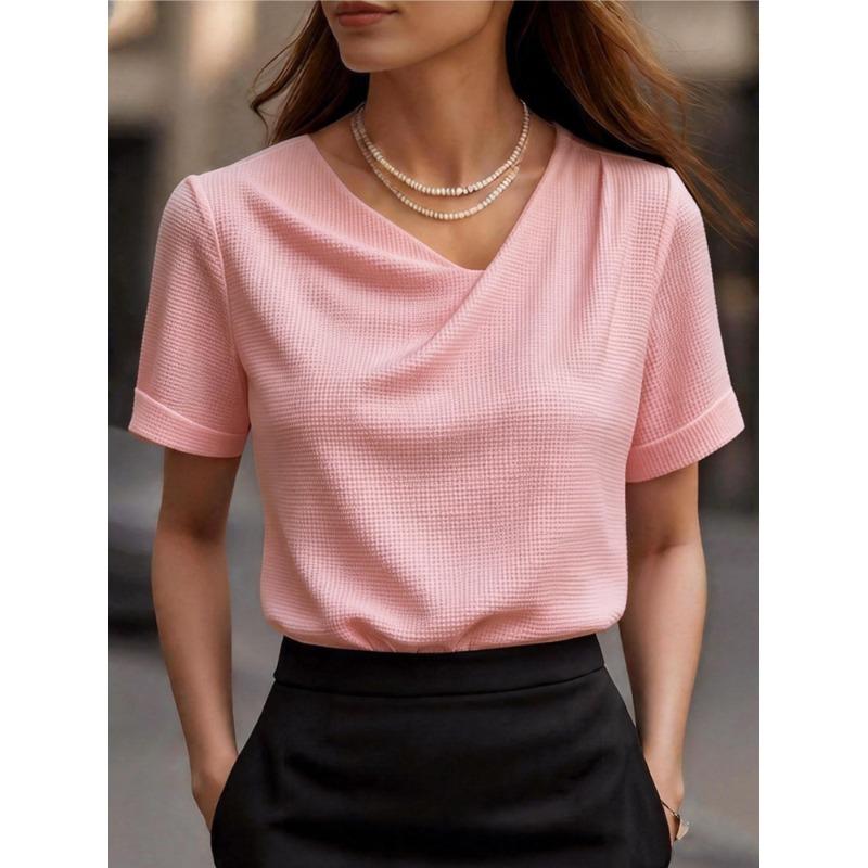 JPNTKY Women's Fashion Casual Solid Color Print Short Sleeve V Neck Blouses & Shirts