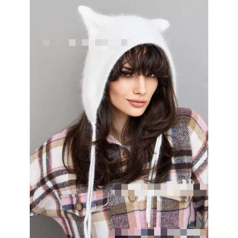 Solid Color Cat's Ears (Steamed Cat-ear Shaped Bread) Hat Cute Ear Warm Cold Hat Female Plush Hat Soft Waxy Pullover Hat