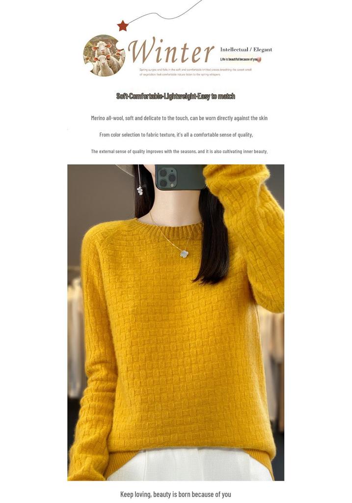 Women's Cashmere Waffle Knit Cardigan - Versatile Round Neck Sweater for Autumn/Winter