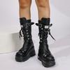 Women Fashion Boots Round Toe Platform Sole Wedge Heel Rivet Lace Mid-tube Boots Punk Large Size European American Knight Boots