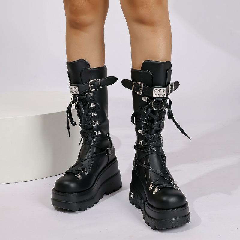 Women Fashion Boots Round Toe Platform Sole Wedge Heel Rivet Lace Mid-tube Boots Punk Large Size European American Knight Boots