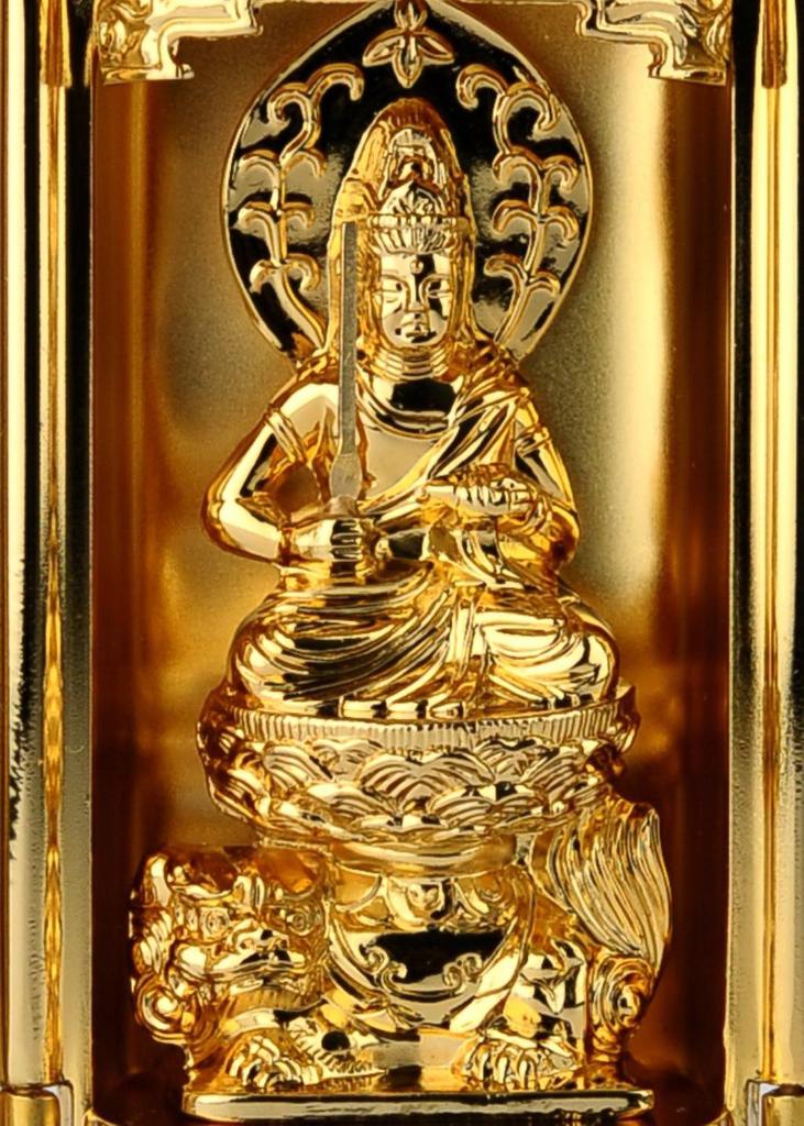Buddhist Statue of Manjusri Bodhisattva In a Shrine by Sculptor Keishu Original Model In the Year of the Zodiac Guardian Takaoka Bronzeware (gold