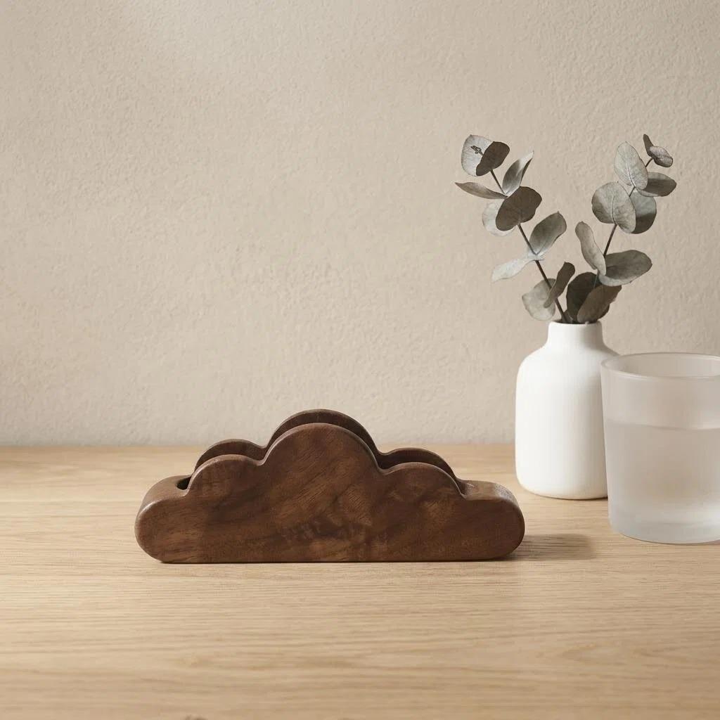 Solid Black Walnut Business Card Holder - Men's Desk Stand & Wooden Gift Box Storage