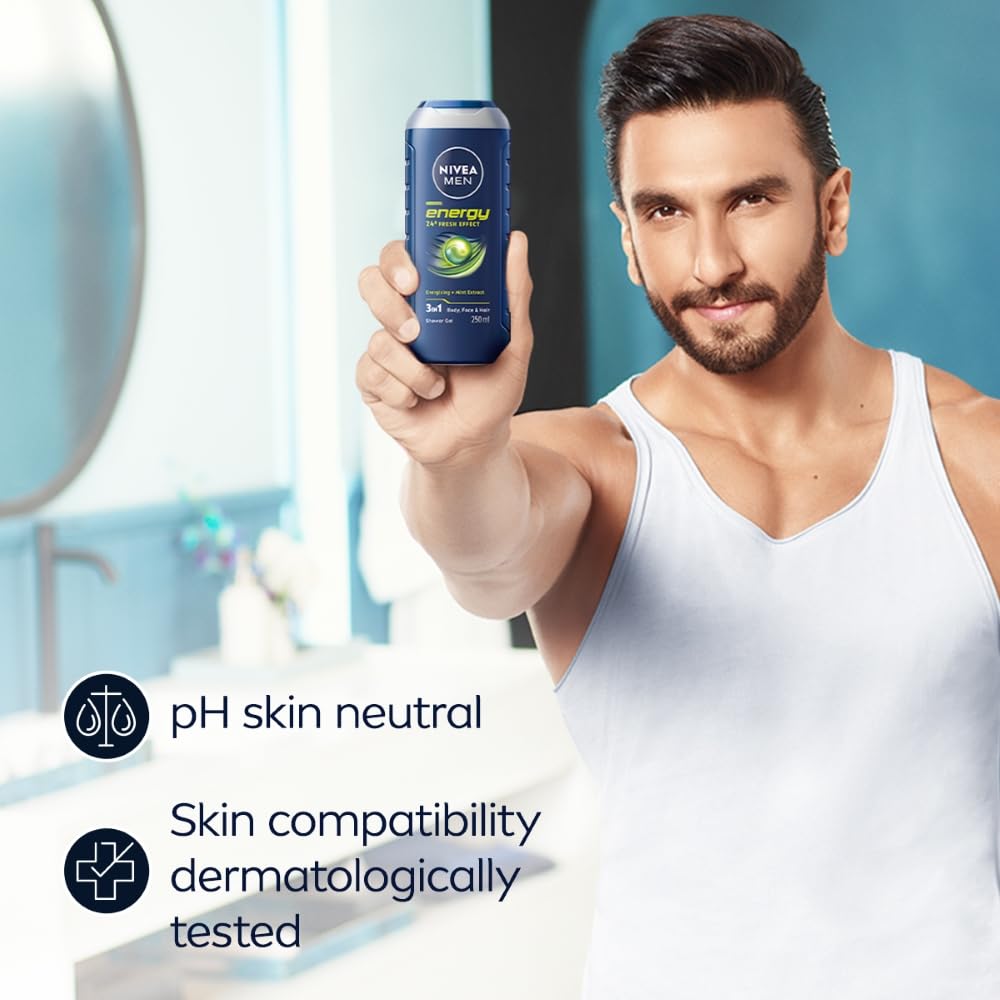 Nivea Männer Energie Duschgel 250ml Für Körper Gesicht Haar Mit Minzextrakten | Erfrischendes Reinigungswaschgel für den täglichen Gebrauch